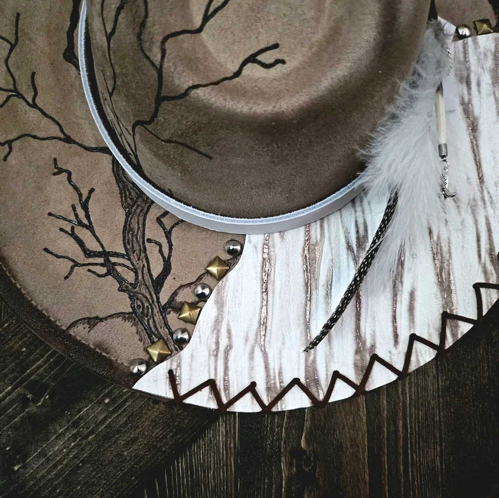 NWT Mocha Hand Burned Western Fedora Cowboy Hat With Genuine Leather